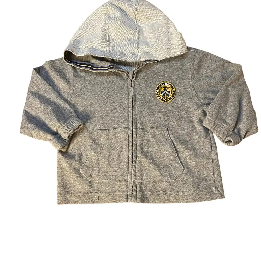 Ralph Lauren light‎ gray full zip logo patch hooded toddler sweatshirt SIZE 3T